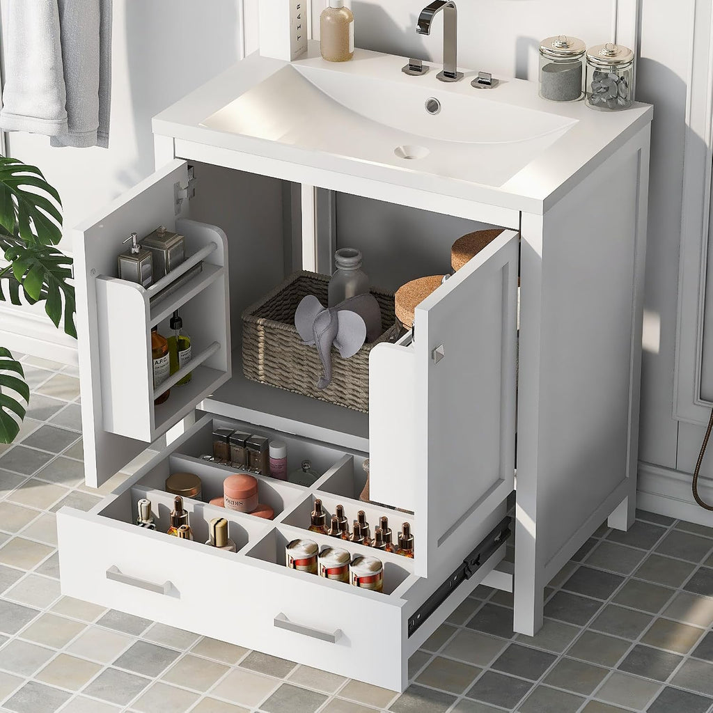 LUMISOL 30' Bathroom Vanity Set with Sink, Solid Wood Bathroom Cabinet with One Drawer and Two Doors, Multi-Function Storage Organizers, Undermount Sink Basin, White