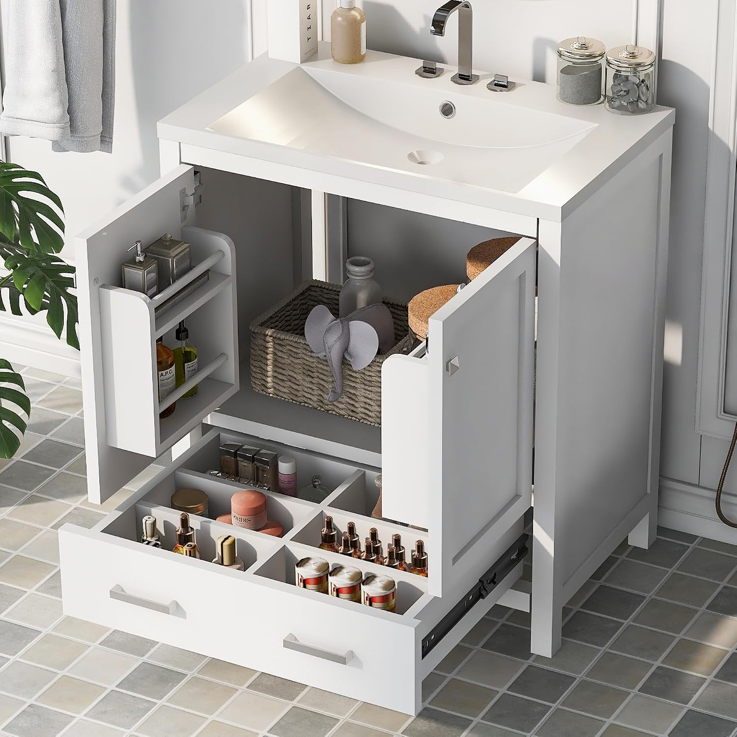 LUMISOL 30' Bathroom Vanity Set with Sink, Solid Wood Bathroom Cabinet with One Drawer and Two Doors, Multi-Function Storage Organizers, Undermount Sink Basin, White