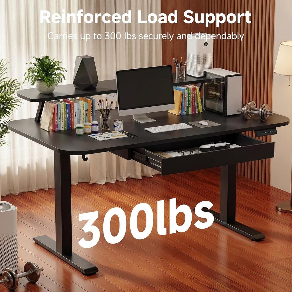 GTPLAYER Electric Standing Desk with Drawers, 55 x 24 Inches Height Adjustable Computer Desk with Monitor Stand, Laptop Stand, Home Office Sit Stand Up Desk with Memory Preset, Black
