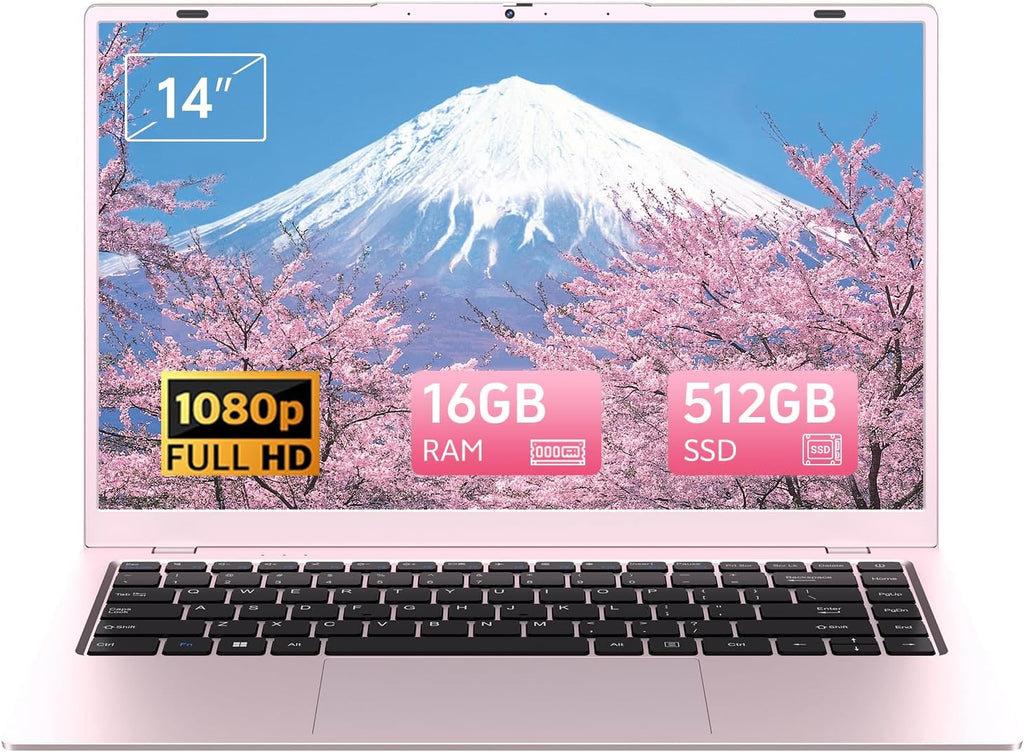 2026 Pink Laptop, Pentium Gold 6500Y Processor(Up to 3.4 GHz),16GB RAM 512GB SSD,14 Inch FHD IPS Display, 5000mAh Battery,Type-C