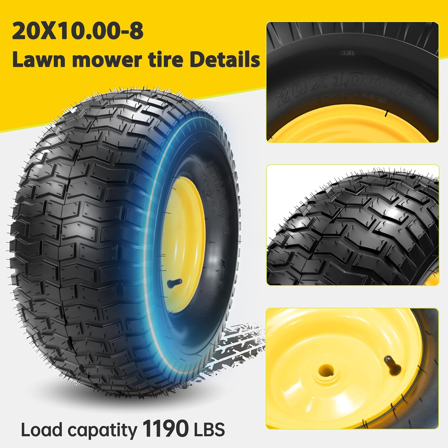 2PCs 20x10.00-8 Tubeless Lawn Mower Tire and Wheel, Replacement for John Deere Rear 20x10-8nhs Riding Lawn Mower, Gaeden Tractor, 3/4' Borehole 3/16' keyway, 3.5 Offset Hub, 4 Ply, 1190 Lbs Capacity