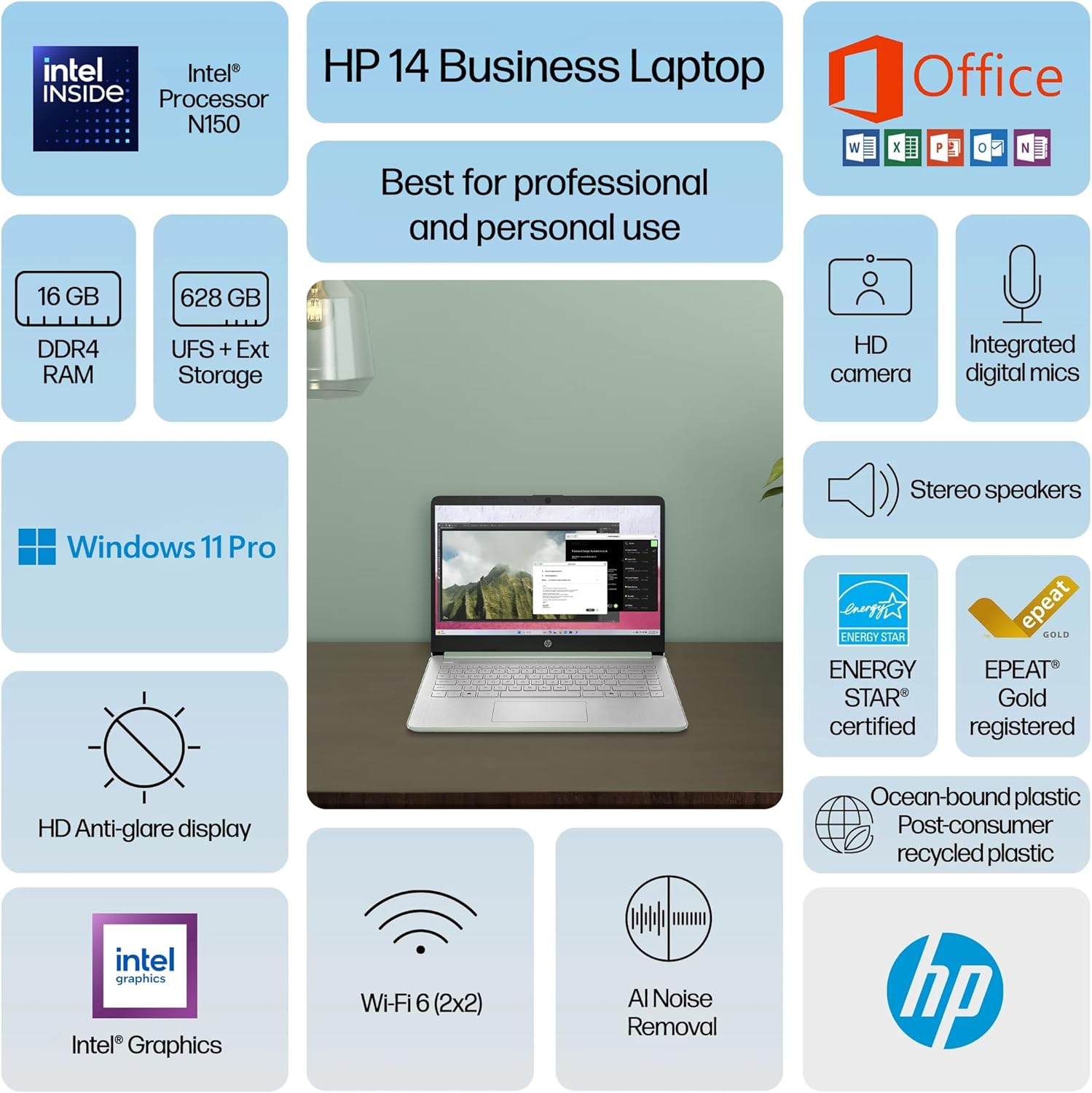 HP 14' Laptop 2025 Business Student Slim Computer, Lifetime MS Office, Copilot AI, Quad-Core Intel CPU, 16GB RAM, 628GB Storage (128GB UFS+500GB Ext), MarxsolAccessory, Wi-Fi 6, Win 11 Pro, Green