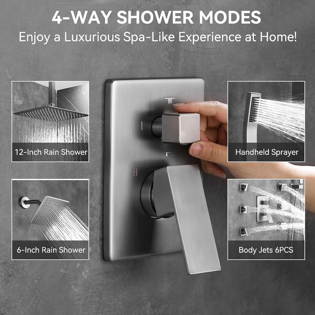 Shower System Brushed Nickel Dual Shower Head with Body Jets, Oupukle Four Modes Shower Faucet Set Ceiling Mount 12' Rain Shower Head & 6' Wall Mounted Head with 6PCS Body Jets