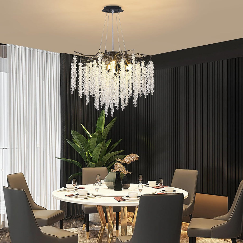 Modern Crystal Tree Branch Chandelier, D31.5'' Black Round Raindrop Indoor Hanging Branch Chandelier Fixture for Dining Room Living Room Bedroom 12 Lights
