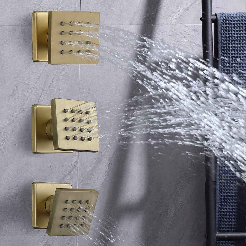 Brushed Gold Digital Display Shower System with 16X24 inch Rain&Waterfall&Mist 3 Modes Ceiling Overhead Shower Head, 6 PCS Body Jet and Handheld Spray