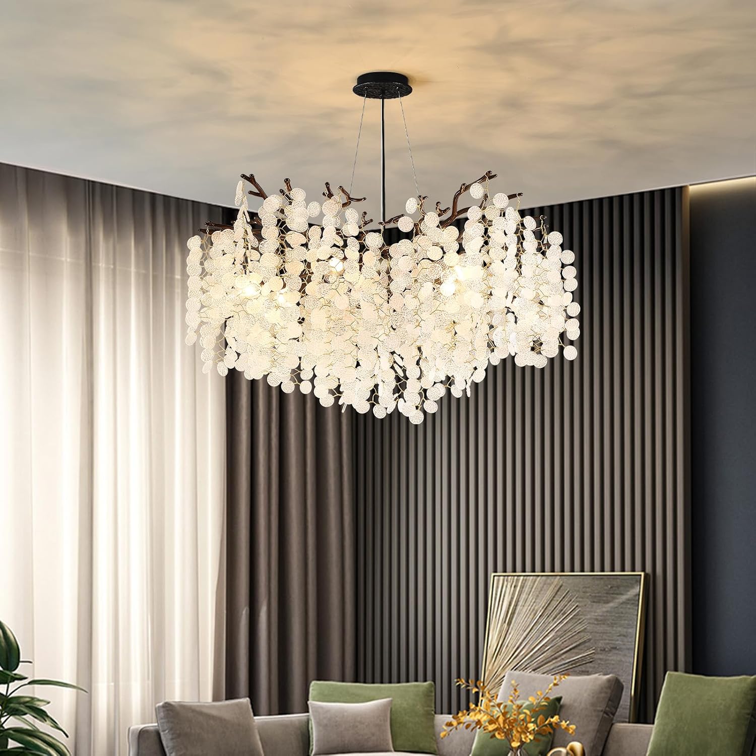 32 Inch Coastal Light Fixture, 10-Light Capiz Shell Chandelier, Modern Black Bedroom Chandeliers, Dining Room Foyer Lighting Fixtures, Boho Chandelier for Living Room Entryway