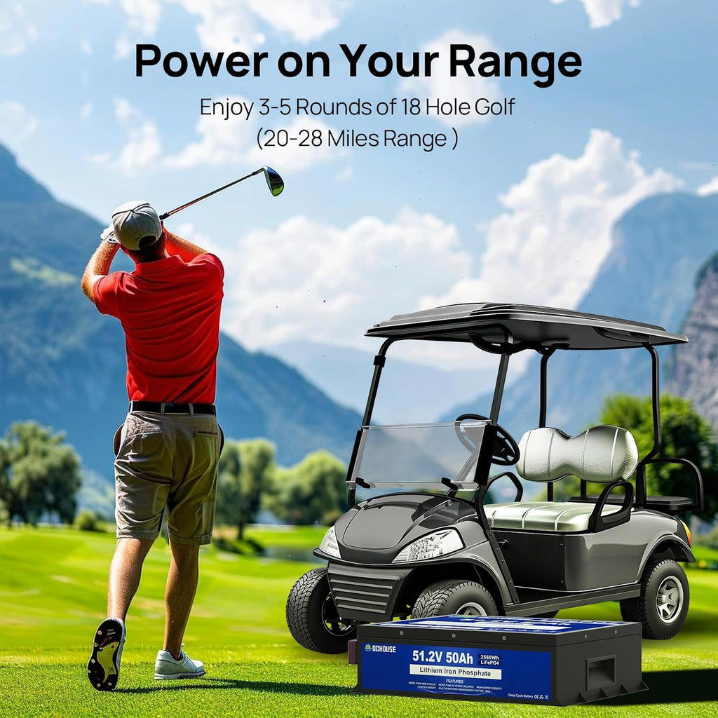 DC HOUSE 48V 50Ah LiFePO4 Golf Cart Battery, Built-in 100A BMS-2C,Bluetooth & Low Temp Cut-Off, Suitable for both Club car, Yamaha golf carts, Ryobi Mowers, Trolling Motor