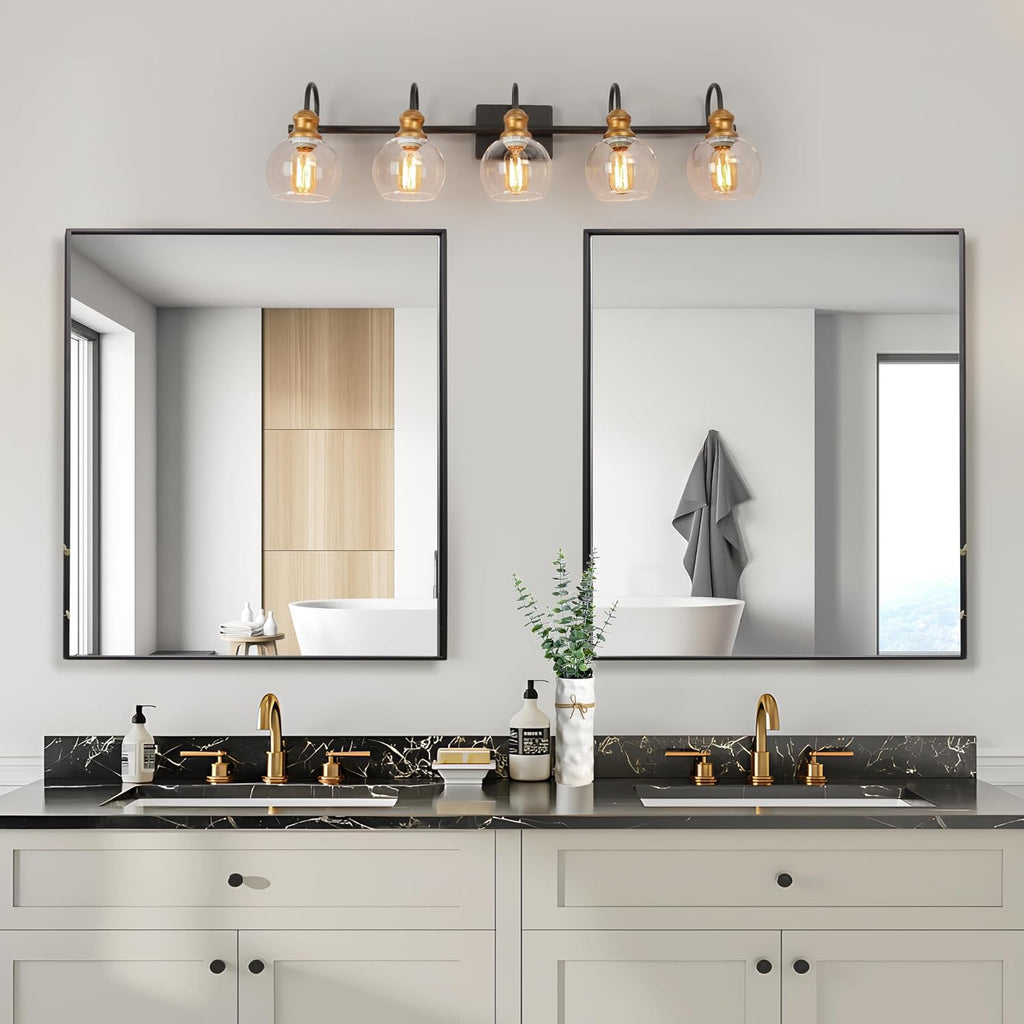 LALUZ Bathroom Light Fixtures, 5-Light Large Black and Gold Vanity Lights for Bathroom with Clear Globe Glass Shade, Modern Farmhouse Bathroom Vanity Lighting Over Mirror, 35.5' L x 7' W x 9' H