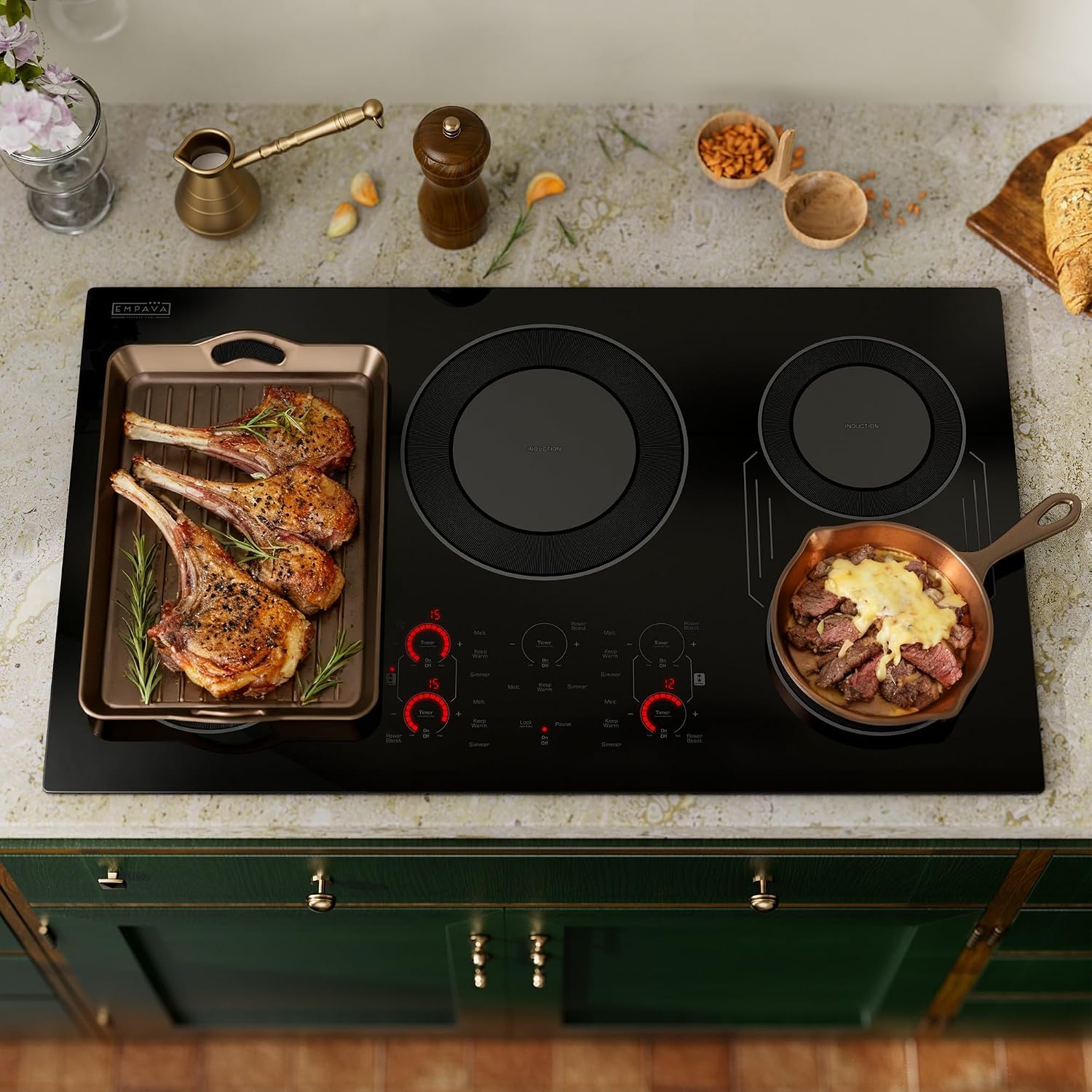 Built-in Electric Induction 36 Inch, Bridge-SYNC Element Auto RapidHeat, 3 Preset Modes, Pan Sensor, Hardwired 208~240V, 50A, Black Vitro Ceramic Glass
