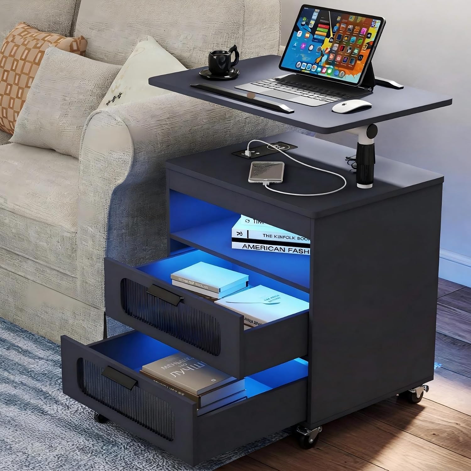 Height Adjustable Nightstand with Charging Station - Swivel Top Bedside Table with LED Lights, Auto Sensor Smart End Table, Dorm Rolling Side Table Laptop Workstaion with Wheels for Bedroom (Grey)
