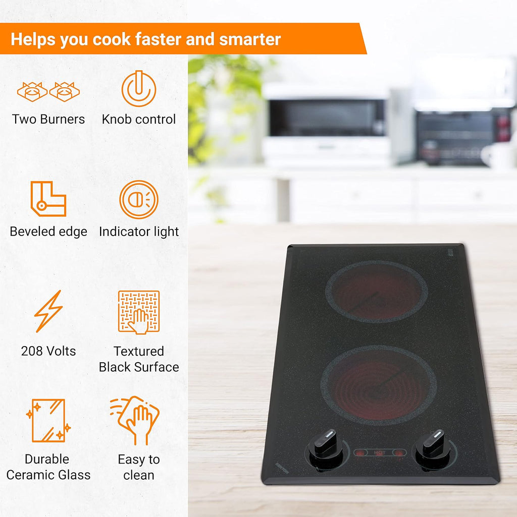 Kenyon Mediterranean 2-Burner Small Cooktop, Electric Cooktop for Energy-Efficient Cooking, Knob Control, Portrait Cooktop, 208-Volt, Black