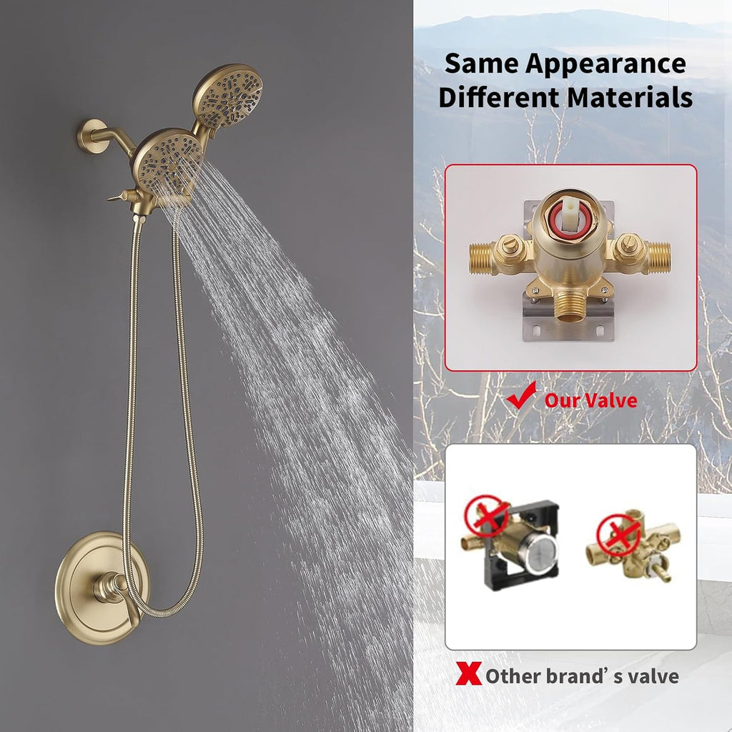 Dual Shower Head with Handheld Bathroom Double Shower Heads High Pressure 3-Way Rainfall Combo with SUS304 Hose 7-Setting Showerhead and Hand Held Shower Separately or Together Brushed Gold