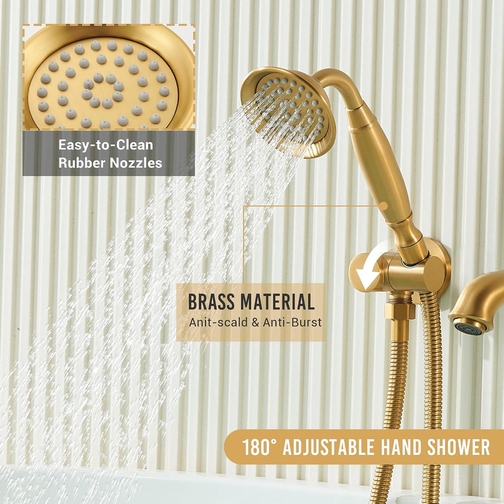 DASAN Antique Wall Mount Tub Filler Faucet with Hand Held Shower, Brushed Gold Brass Bathtub Faucet with Sprayer Wall Mounted Roman Bath Tub Faucet Set with High Flow Rough in Valve, AT201TF-BTG