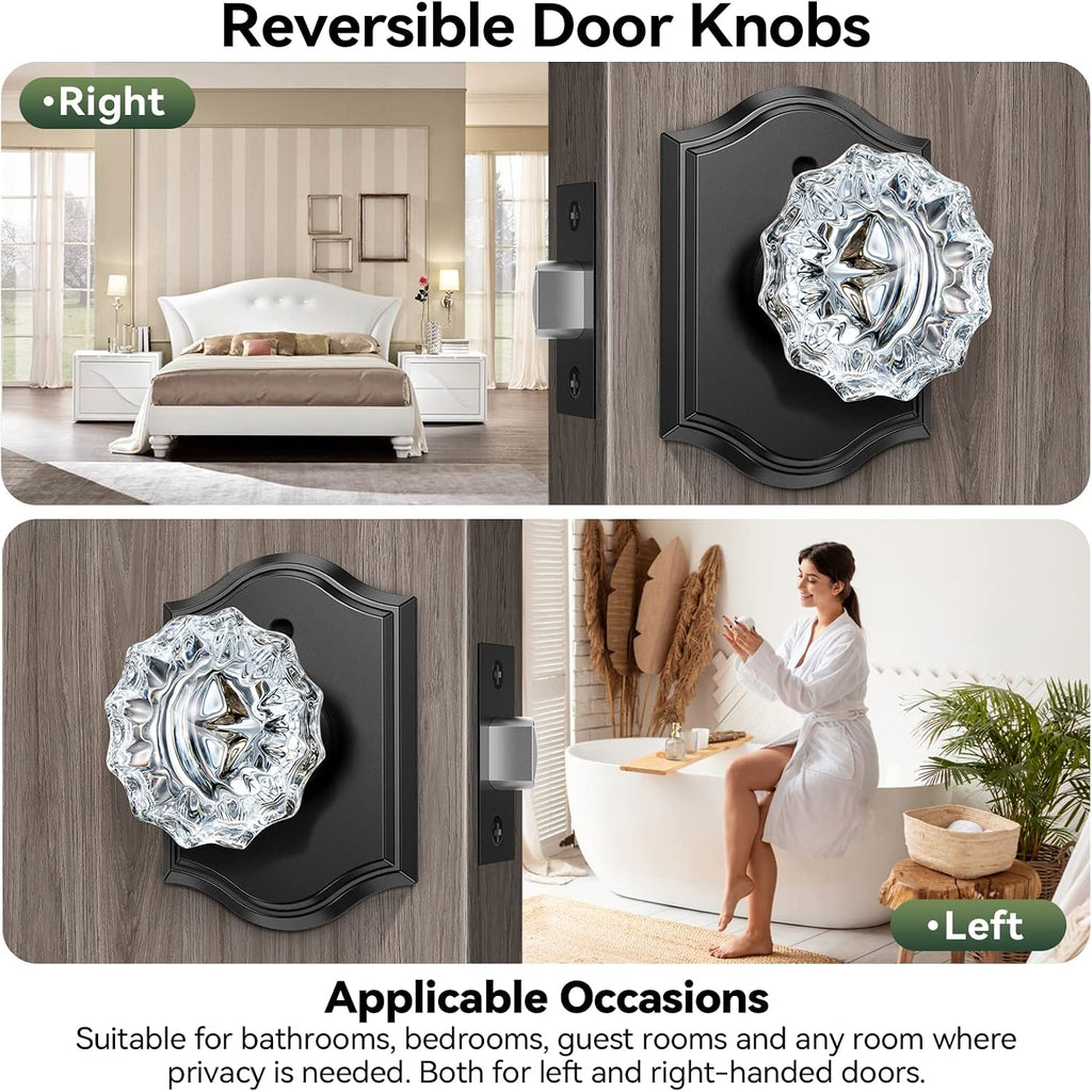 Glass Door Knobs Interior, 6 Pack Crystal Door Knobs with Lock for Privacy Use, Black Glass Door Knobs for Interior Bedroom Bathroom, Vintage Glass Crystal Door Knob Set