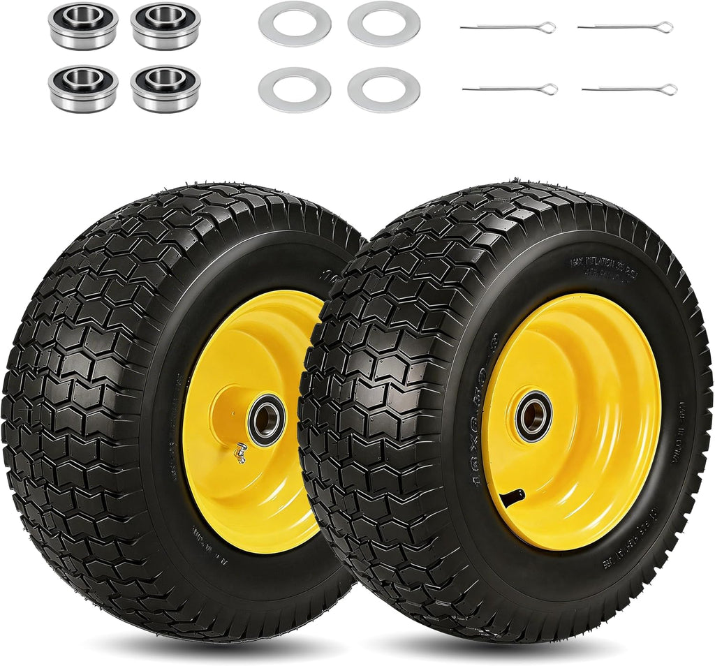 2 Pcs 16x6.50-8 Tubeless Lawn Mower Tire and Wheel, 16x6.5-8 Replacement Front Tires for Riding Mowers and Garden Tractors, with 1' Bearings & Extra 3/4' Bearings, 3' Offset Hub, 4 Ply, Yellow Rim