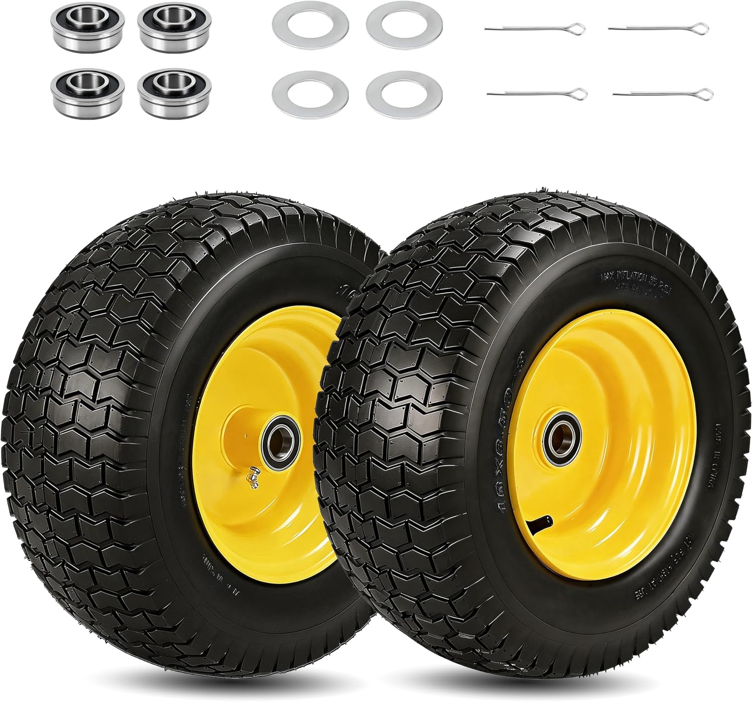 2 Pcs 16x6.50-8 Tubeless Lawn Mower Tire and Wheel, 16x6.5-8 Replacement Front Tires for Riding Mowers and Garden Tractors, with 1' Bearings & Extra 3/4' Bearings, 3' Offset Hub, 4 Ply, Yellow Rim