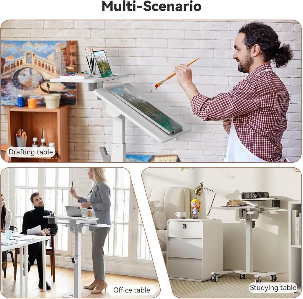 24Inch Rolling Standing Desk On Wheels， Mobile Laptop Stand with Tiltable Desktop， Smaller Computer Workstation Adjustable Height， 2-Tier Portable Study Table with Storage Shelves， White