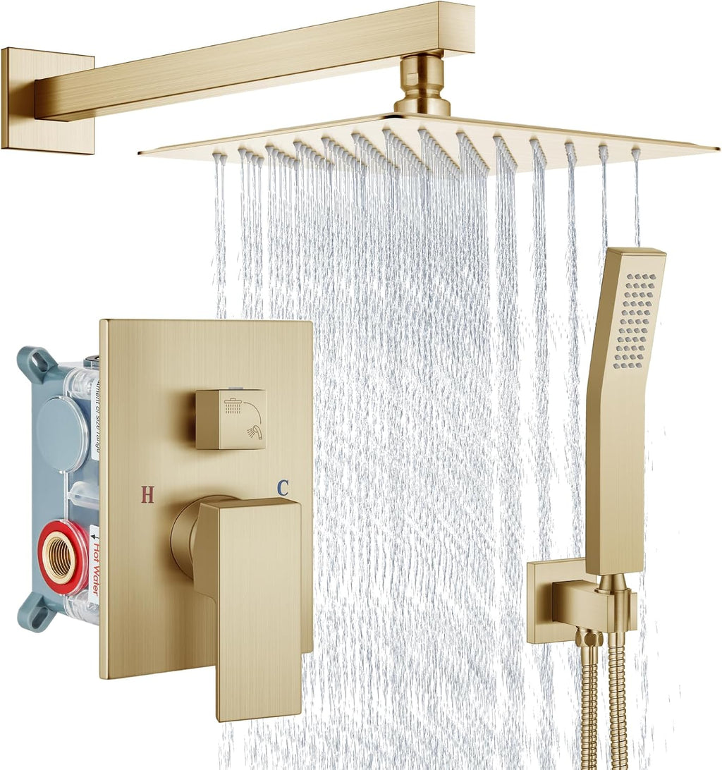 Aolemi Shower Faucet Set Rain Shower System with Handheld Spray Bathroom Shower Combo Rough-in Valve and Shower Trim Kit Included Brushed Gold 8 Inch Wall Mount Shower Head
