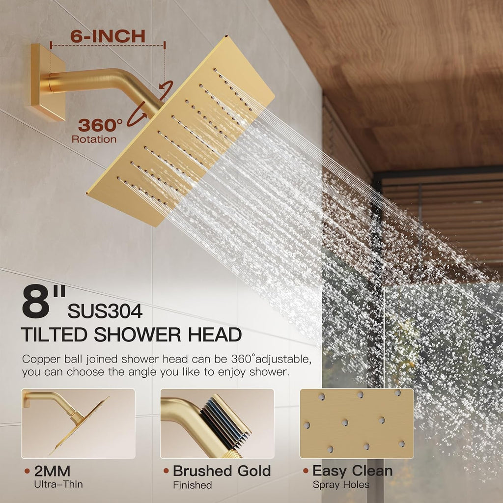 Gold Shower System, Shower Faucet Set with 3 In 1 Push Button Valve, Shower Faucet included 10' Ceiling Shower Head and 8' Wall-Mount Shower Head with Handheld Spray, Brushed Gold