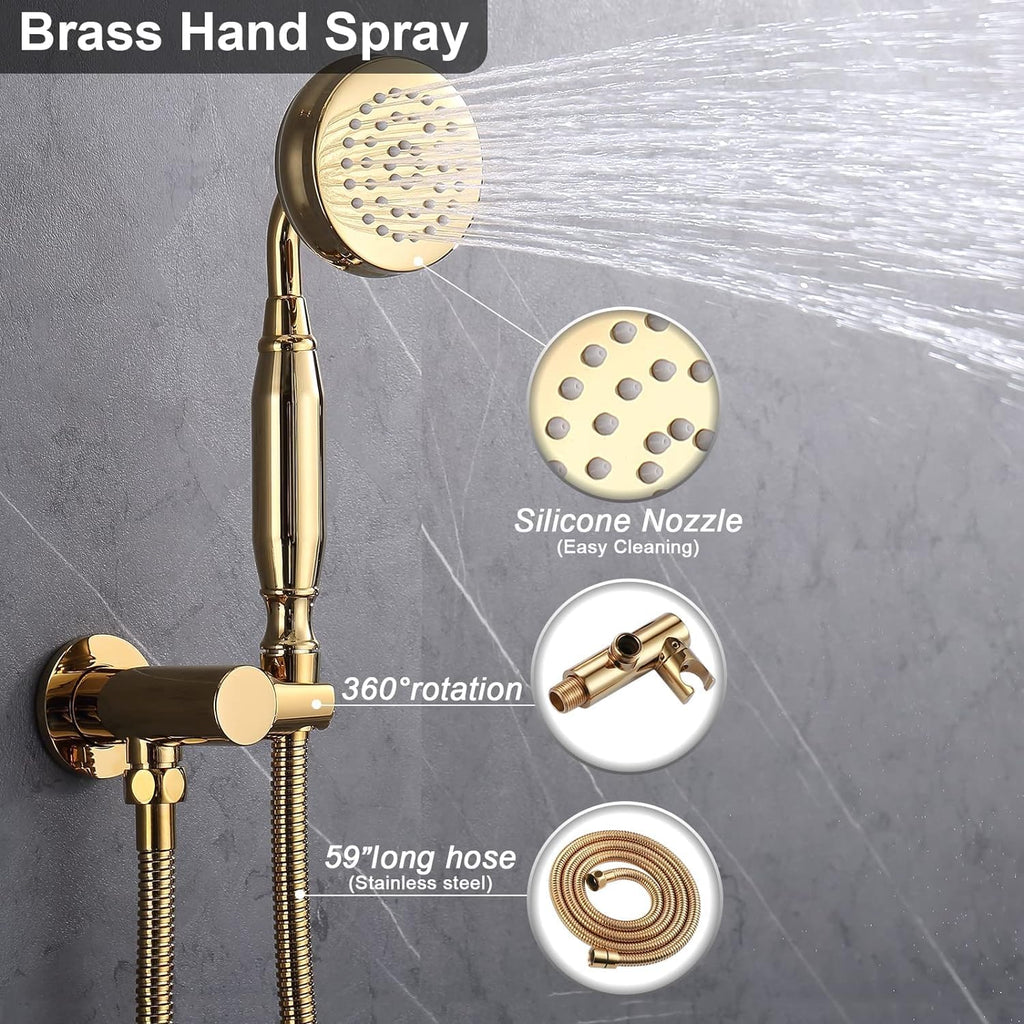 Enga Antique Shower Faucet Sets 8 inch Rainfall Head with Body Jets Handheld Spray Fixtures Combo, Brass 3 Way Diverter Rough in Valve Trim Kit, Bright Gold