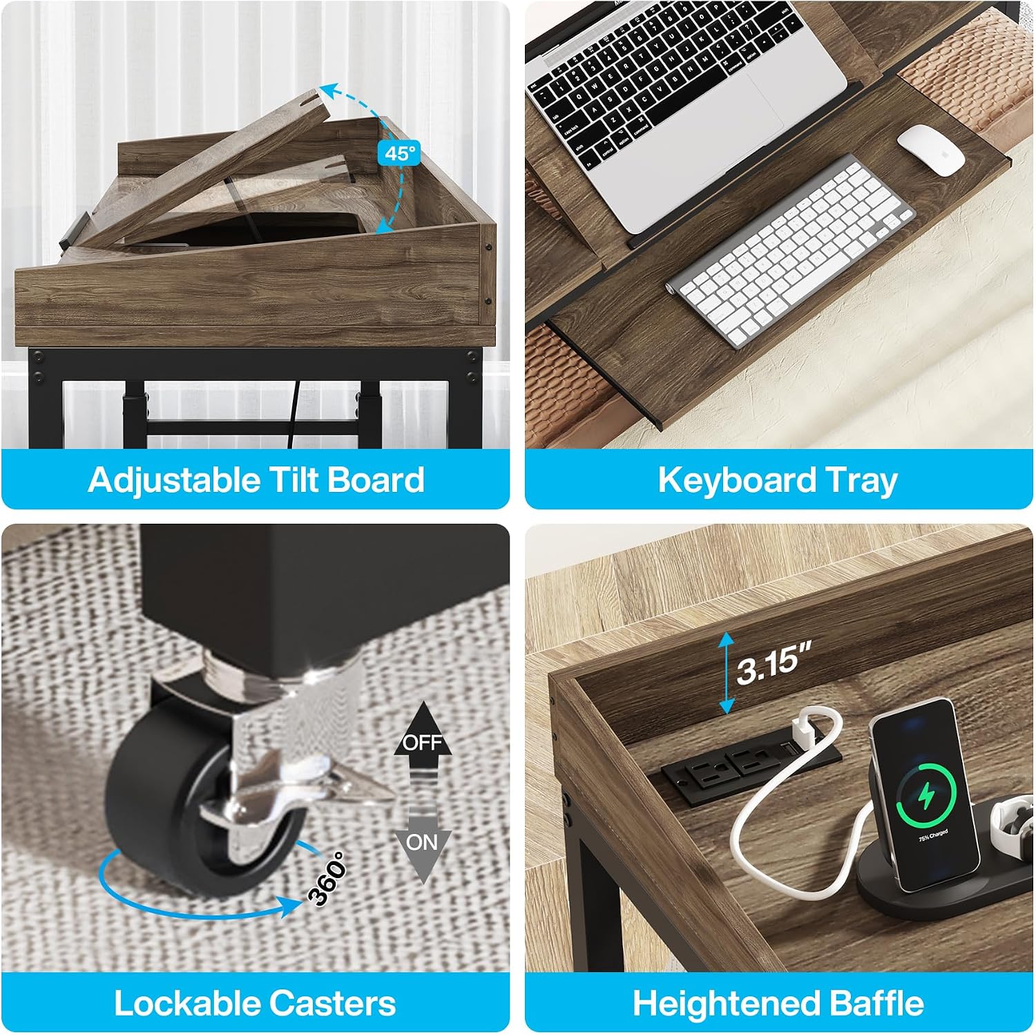 Tribesigns Height Adjustable Overbed Table with Wheels, Queen Size Over Bed Desk with Adjustable Tilt Stand, Mobile Laptop Cart Computer Desk with Outlets & USB Ports (Dark Gray)