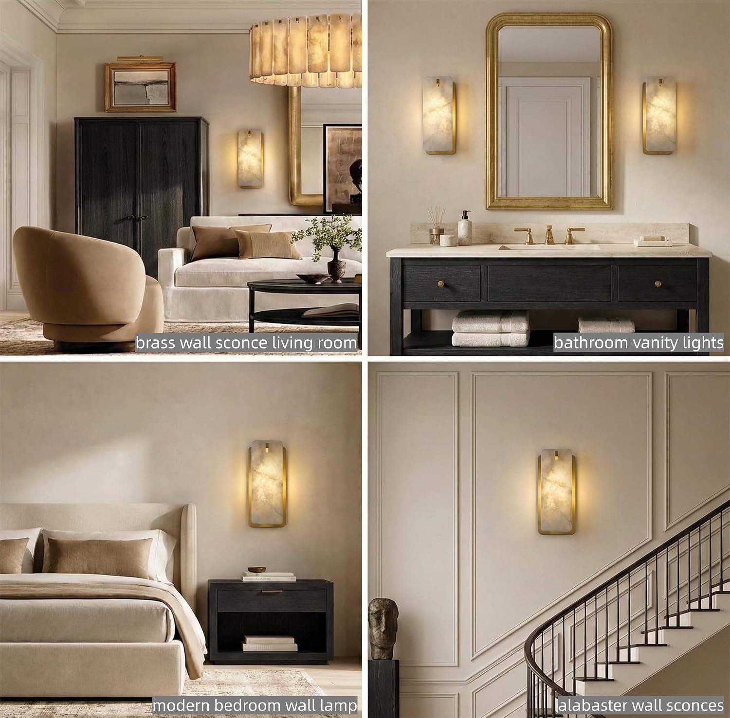 12 Inch Alabaster Wall Sconce, Natural Spanish Stone Brass Gold Wall Light, Modern Marble Sconces Dimmable E12 Hardwired Rectangular Vanity Light Fixture for Bathroom Mirror, Hallway Corridor(1 Pcs)