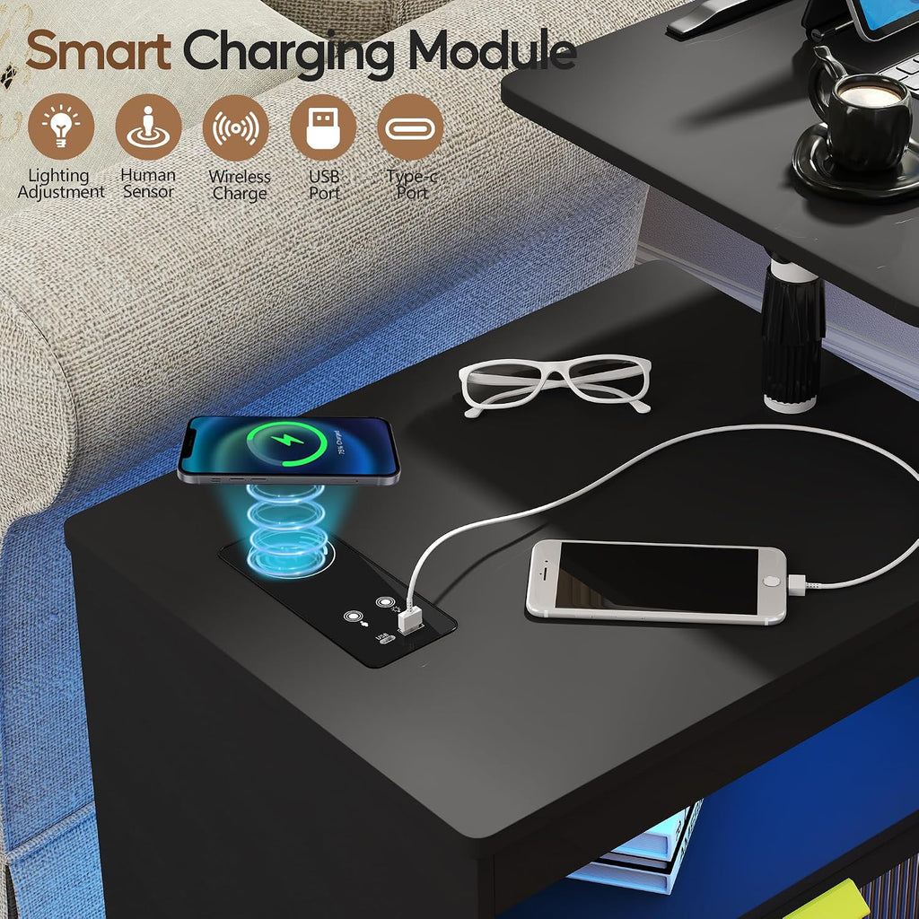 Height Adjustable Nightstand with Charging Station - Swivel Top Bedside Table with LED Lights, Auto Sensor Smart End Table, Dorm Rolling Side Table Laptop Workstaion with Wheels for Bedroom (Black)