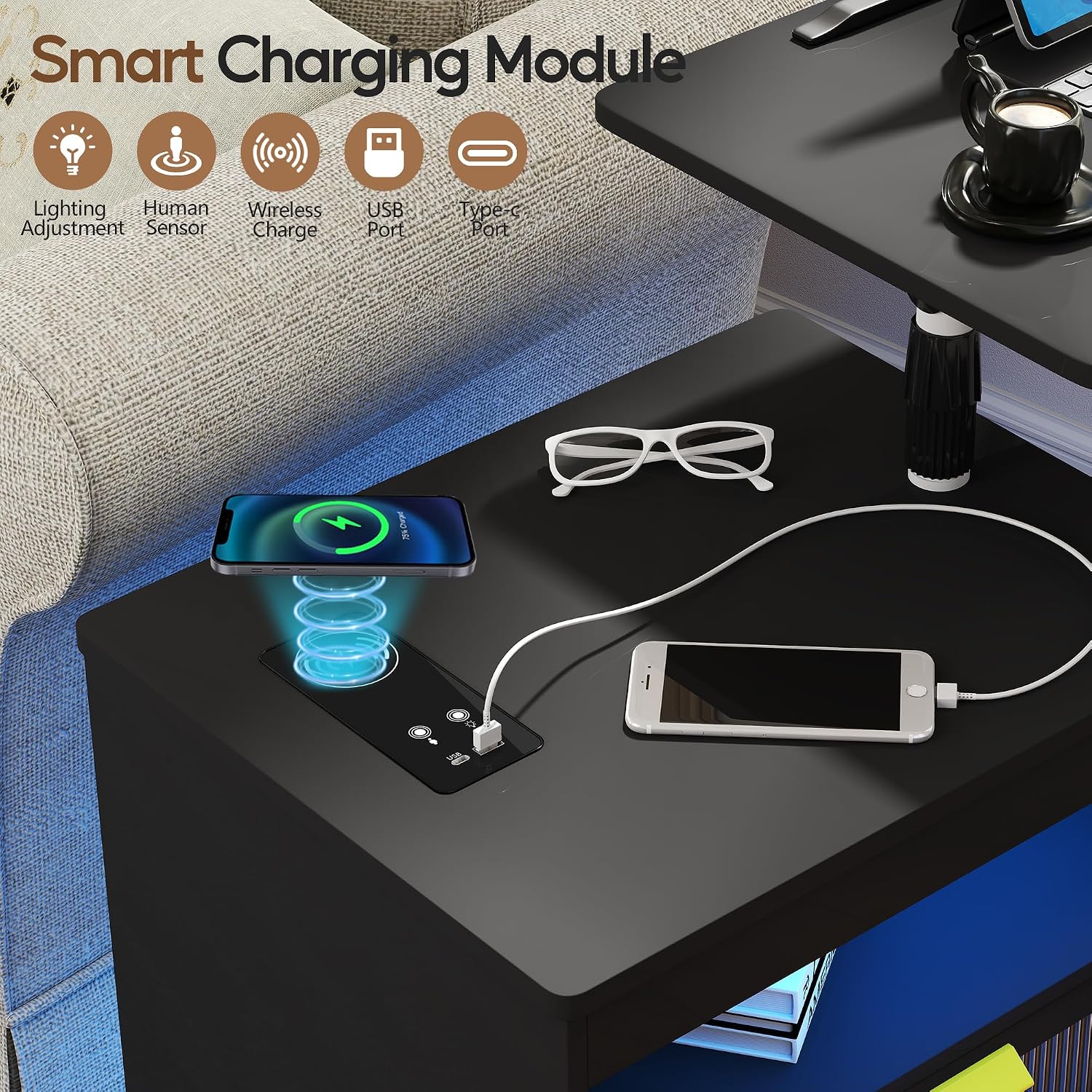 Height Adjustable Nightstand with Charging Station - Swivel Top Bedside Table with LED Lights, Auto Sensor Smart End Table, Dorm Rolling Side Table Laptop Workstaion with Wheels for Bedroom (Black)