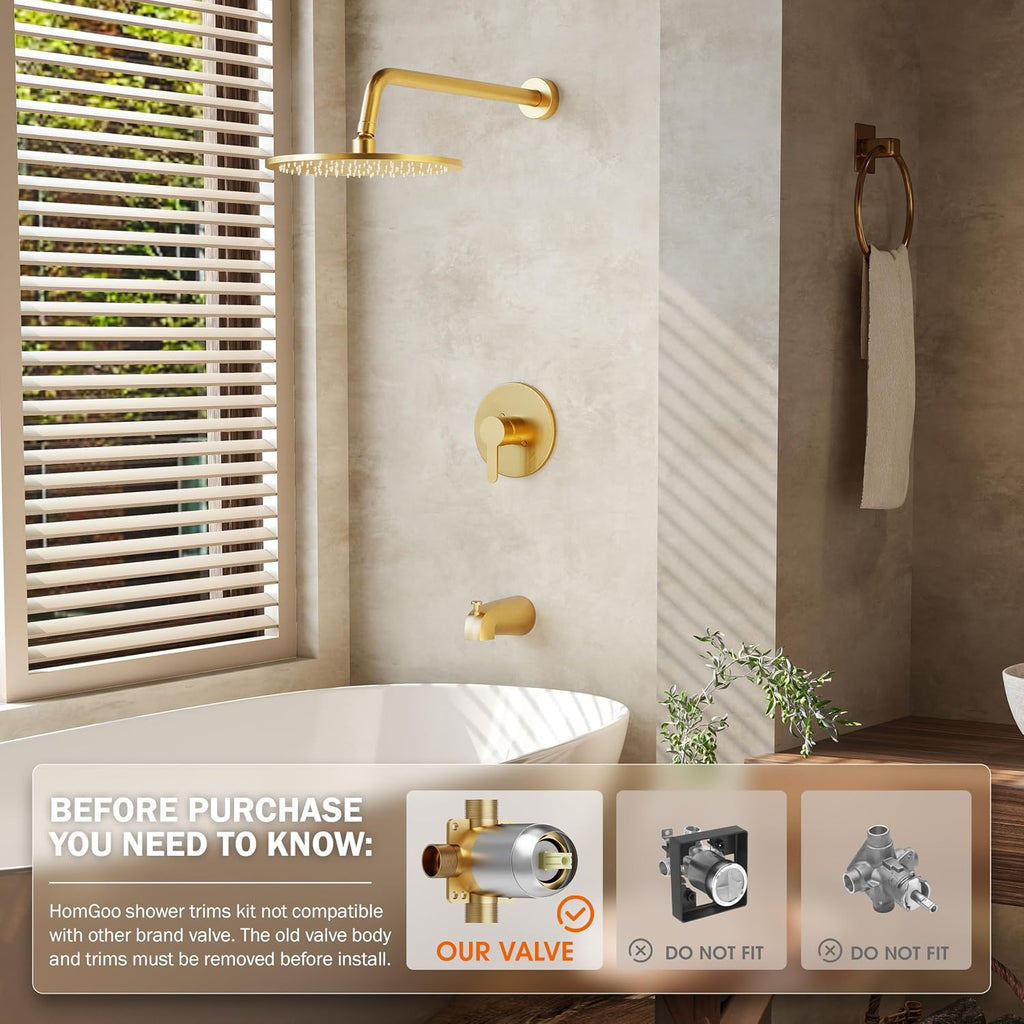 Tub Shower Faucet Set, Tub and Shower Trim Kit with 10 Inch High-Pressure Rian Shower Head,Shower Head and Handle Set, Brushed Gold