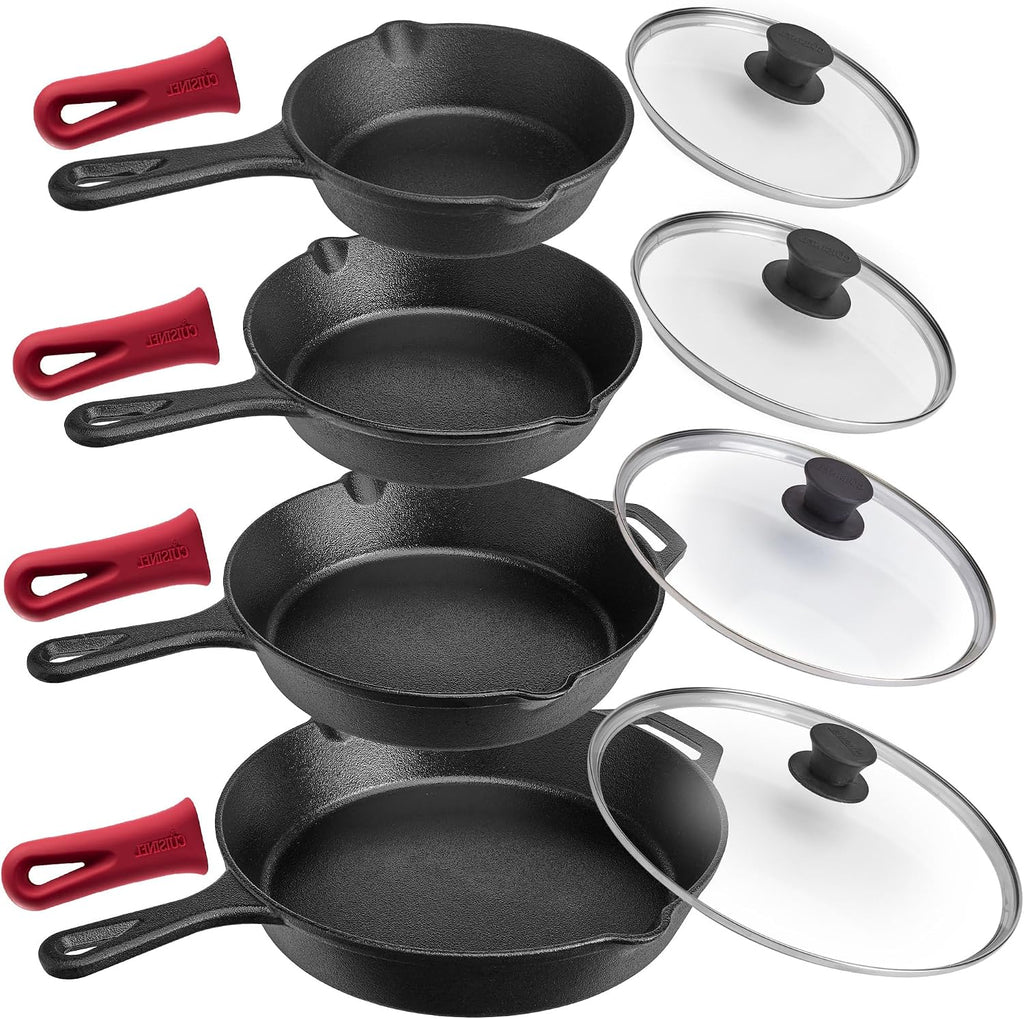 Cuisinel Cast Iron Skillets Set - 6'+8'+10+12'-Inch + Glass Lids + Silicone Handle Holder Cover Grips - Pre-Seasoned Frying Pan - Oven Safe Cookware - Indoor/Outdoor Use - Grill, Stovetop, Fire Safe