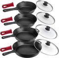 Cuisinel Cast Iron Skillets Set - 6'+8'+10+12'-Inch + Glass Lids + Silicone Handle Holder Cover Grips - Pre-Seasoned Frying Pan - Oven Safe Cookware - Indoor/Outdoor Use - Grill, Stovetop, Fire Safe