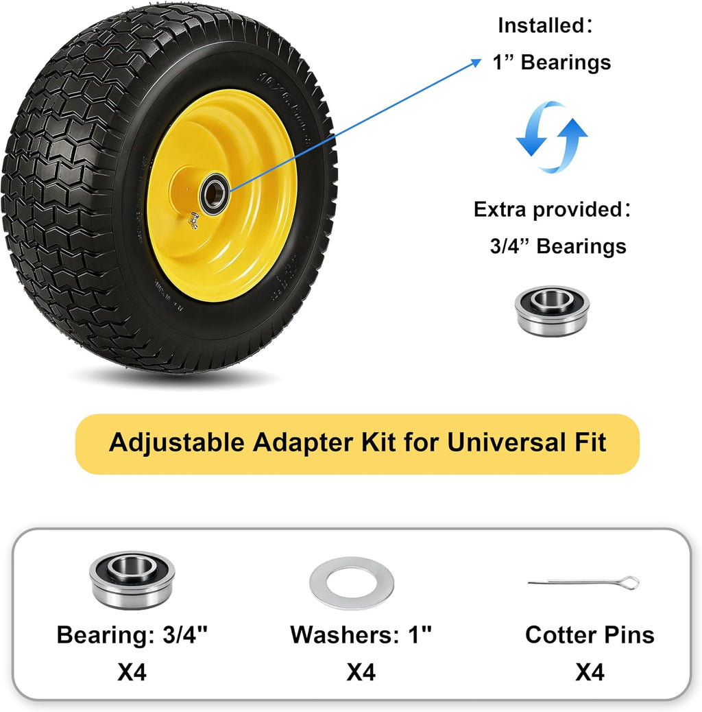 2 Pcs 16x6.50-8 Tubeless Lawn Mower Tire and Wheel, 16x6.5-8 Replacement Front Tires for Riding Mowers and Garden Tractors, with 1' Bearings & Extra 3/4' Bearings, 3' Offset Hub, 4 Ply, Yellow Rim