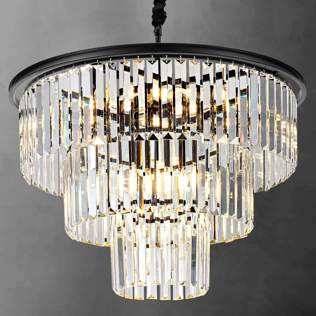 12 Lights 23.64' Black Modern Crystal Chandelier Crystal Pendant Ceiling Light Fixture 3-Tier Hanging Lighting for Dinning Room Bedroom Living Room Foyer