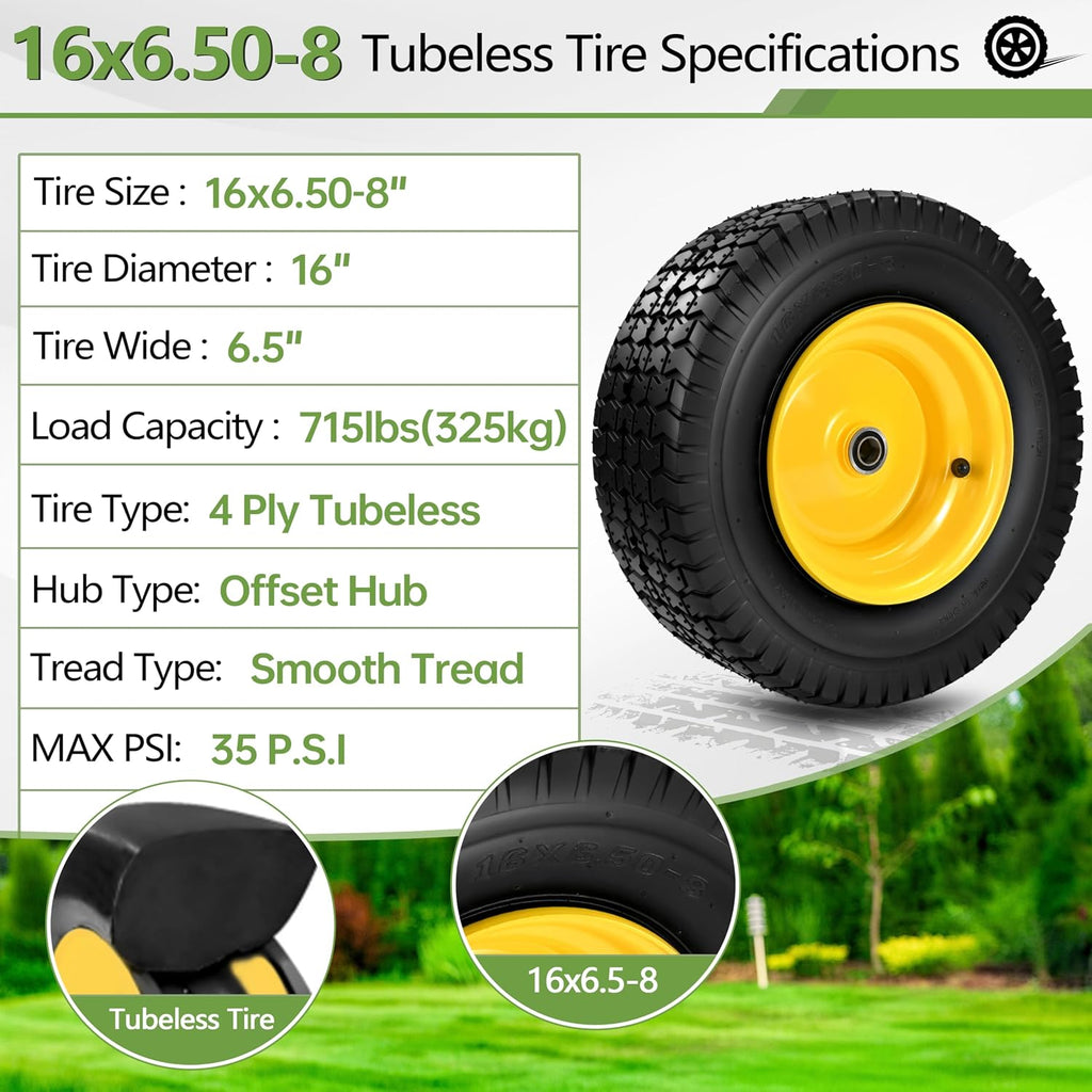 2 PCS 16x6.50-8 Tubeless Tire and Wheel, 3'-5'Offset Hub,with 3/4'Bearing 1'Bushing, Universal Fit Riding Lawn Mowers and Garden Tractor Front Wheel Assembly,4 Ply 16x6.5-8 Lawn Mower Tires,35 Psi