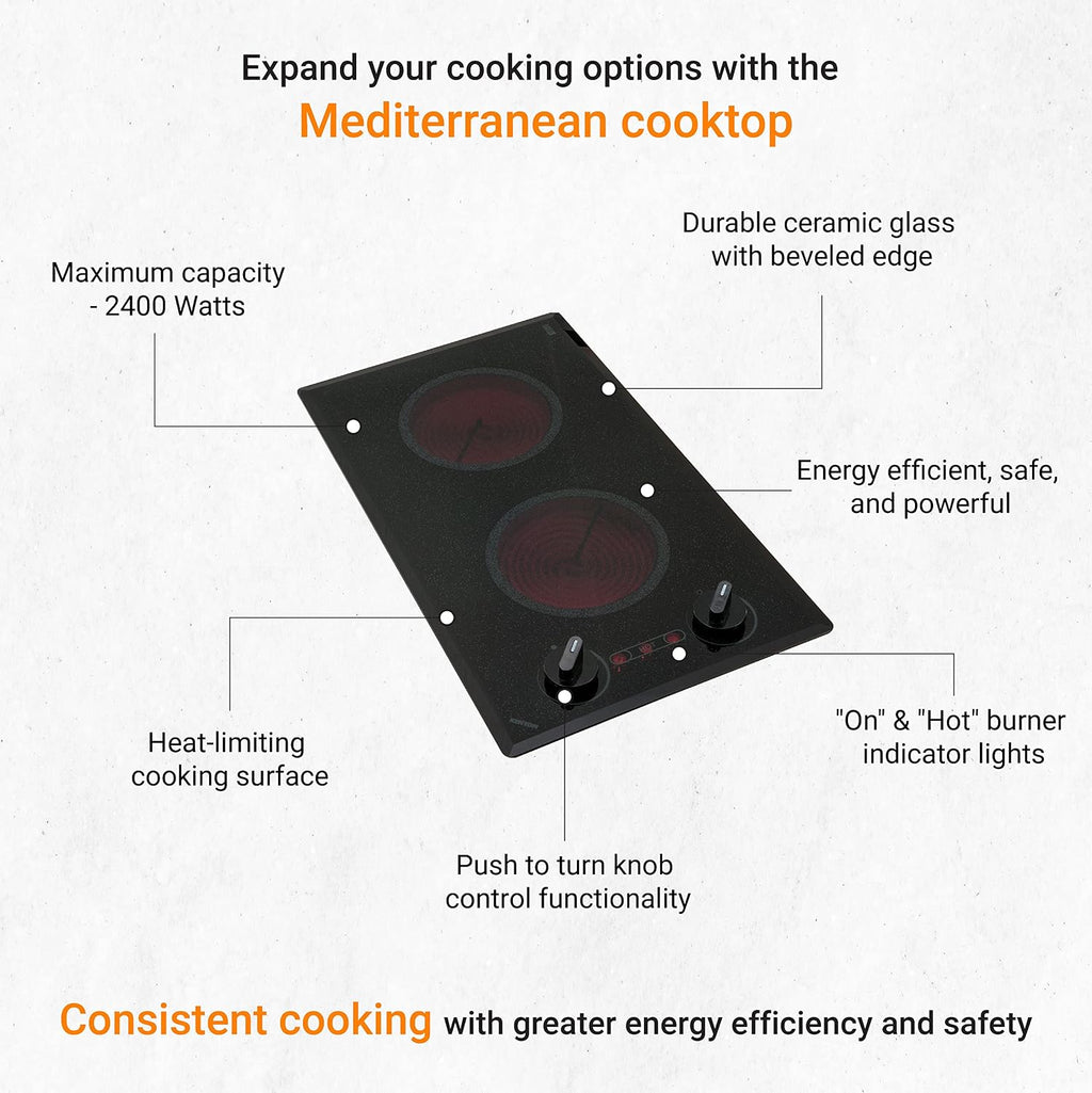 Kenyon Mediterranean 2-Burner Small Cooktop, Electric Cooktop for Energy-Efficient Cooking, Knob Control, Portrait Cooktop, 208-Volt, Black