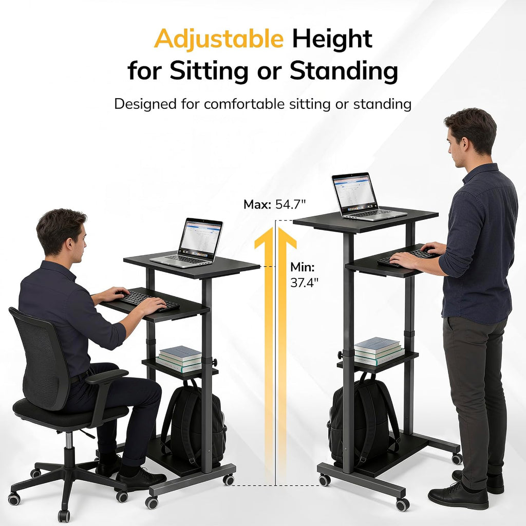Mount-It! Rolling Desk Adjustable Height up to 54.7', Portable Standing Desk for Laptop or Podium Stand with Wheels, Mobile Roller Presentation Cart, Computer Work Station 27.5' Wide, Locking Wheels