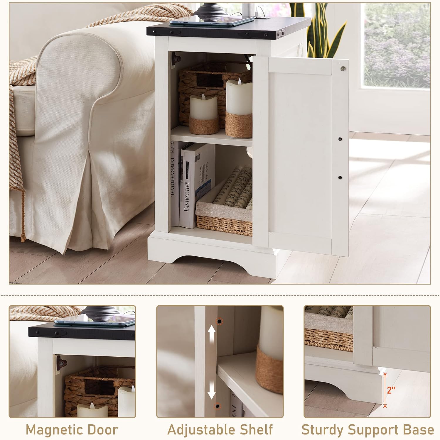 JXQTLINGMU Farmhouse Nightstand Set of 2 with Charging Station, 17' D Rectangular End Table with Barn Door & Adjustable Storage Shelf, Wood Rustic Sofa Side Table for Living Room, Bedroom, White