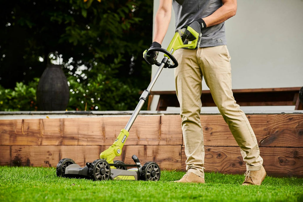 RYOBI One+ RY18LMC30A-120 18V Cordless Lawn Mower/Edger – Width 30 cm, 1 x 2.0Ah Battery + Charger, Battery Life 10 min, 30L Container, Ideal for Small Gardens