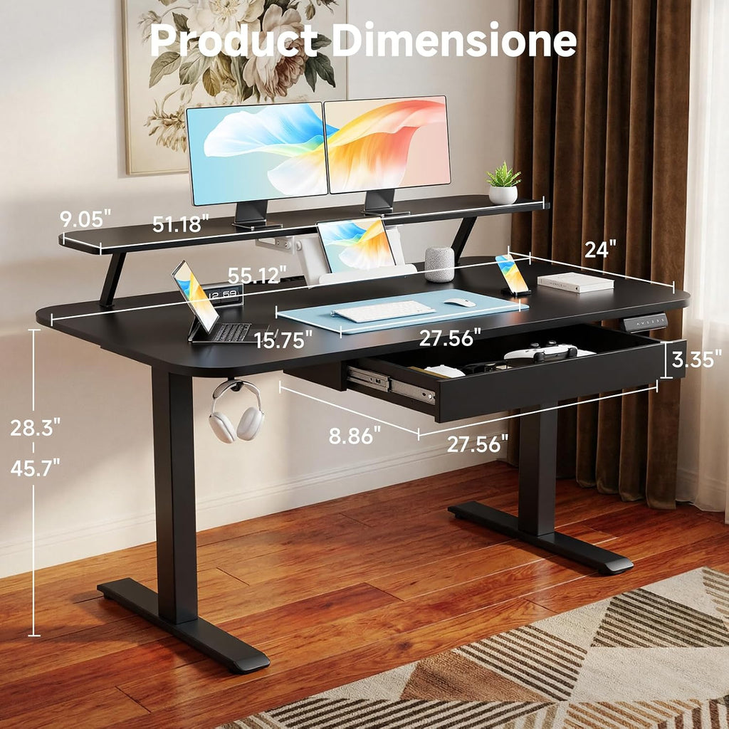 GTPLAYER Electric Standing Desk with Drawers, 55 x 24 Inches Height Adjustable Computer Desk with Monitor Stand, Laptop Stand, Home Office Sit Stand Up Desk with Memory Preset, Black