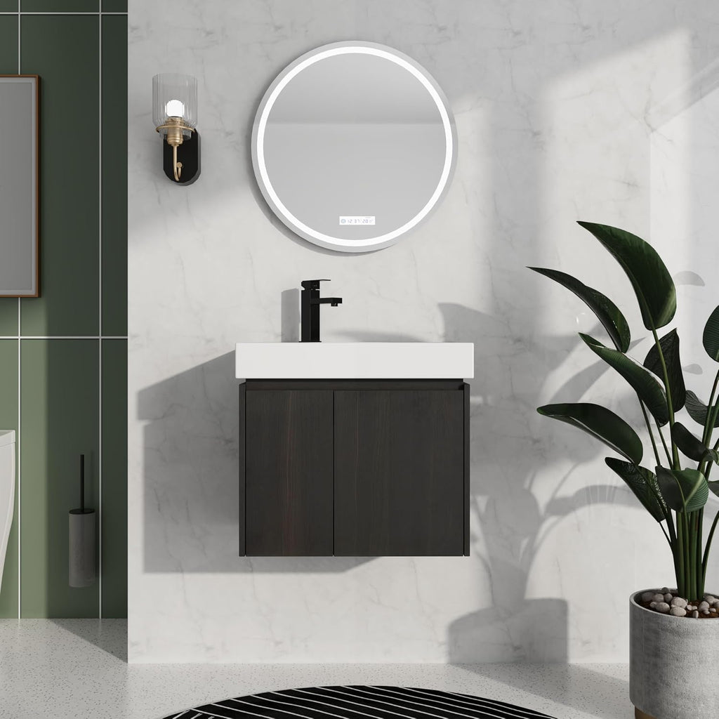 24 Inch Floating Bathroom Vanity,Bathroom Vanity with Sink,Small Bathroom Sink Cabinet with Ceramic Basin,Solid Wood Frame,Black Floating Vanity Bathroom,Wall Mounted Modern Vanity
