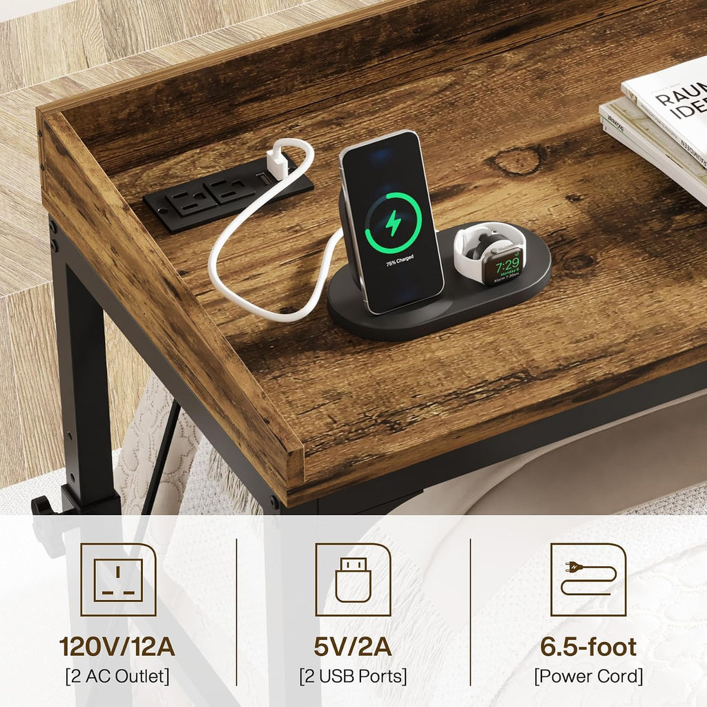 Tribesigns Height Adjustable Overbed Table with Wheels, Queen Size Over Bed Desk with Adjustable Tilt Stand, Mobile Laptop Cart Computer Desk with Outlets & USB Ports (Rustic Brown)