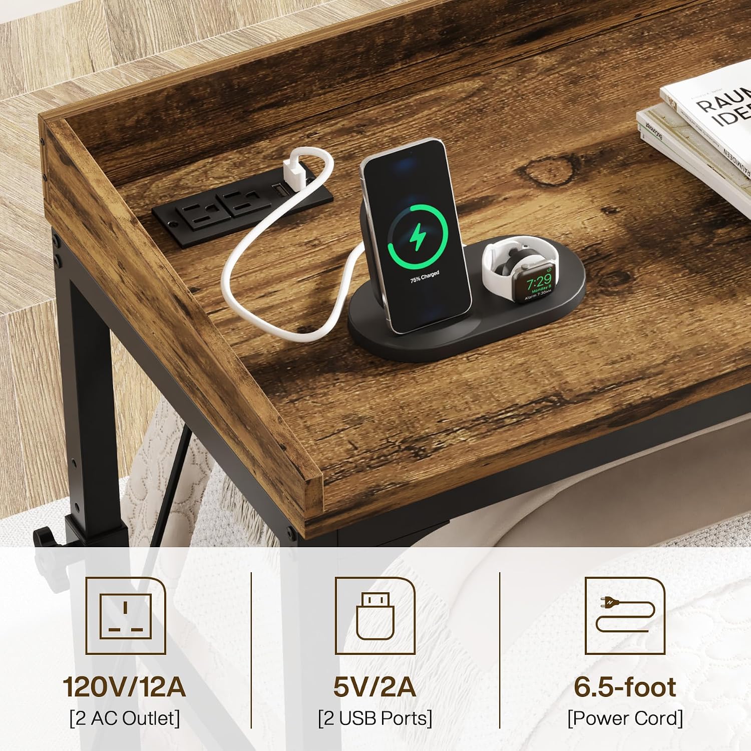 Tribesigns Height Adjustable Overbed Table with Wheels, Queen Size Over Bed Desk with Adjustable Tilt Stand, Mobile Laptop Cart Computer Desk with Outlets & USB Ports (Rustic Brown)