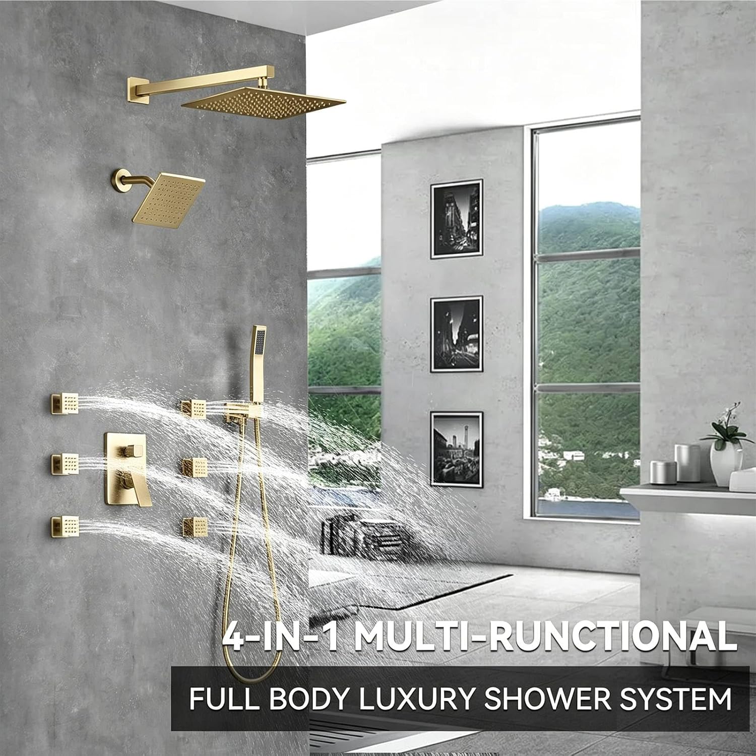 Shower System Brushed Gold Dual Shower Head with Body Jets, Oupukle Four Modes Shower Faucet Set Wall Mounted 12' & 6' Rain Shower Head with 6PCS Body Jets