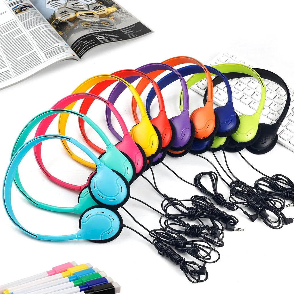 Headphones Bulk for School Classroom 100 Pack On Ear Classroom Headphones for Student,Group Learning, Computer Lab, Library, Online Lesson and Testing 3.5mm Jack (10 Mixed Colors)