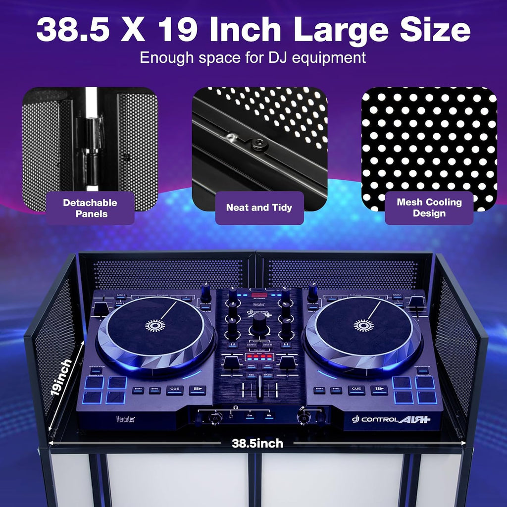 Portable DJ Booth Facade Stand | Foldable DJ Table with 38.5'x19' Surface & Cable Hole | Includes Black/White Scrims & Carry Bag for Events, Parties, Mobile DJs (DJ Station, Event Facade)