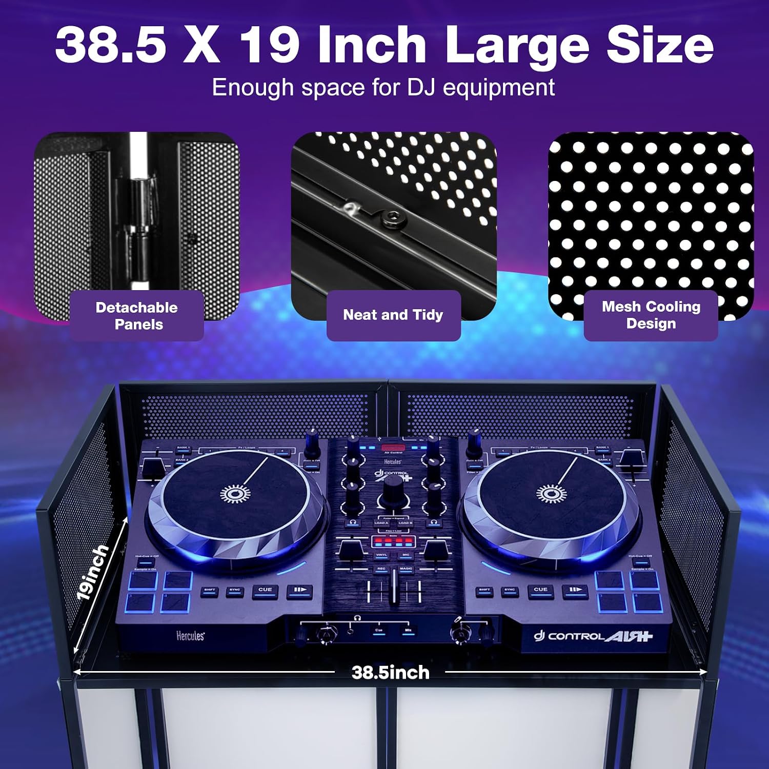 Portable DJ Booth Facade Stand | Foldable DJ Table with 38.5'x19' Surface & Cable Hole | Includes Black/White Scrims & Carry Bag for Events, Parties, Mobile DJs (DJ Station, Event Facade)
