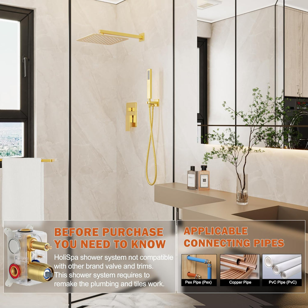 Gold Shower System, Shower Faucet Set with 10-Inch Rain Showerhead and Handheld Spray, Wall Mounted High-Pressure Showerhead Combo Set Included Valve and Trim, Brushed Gold