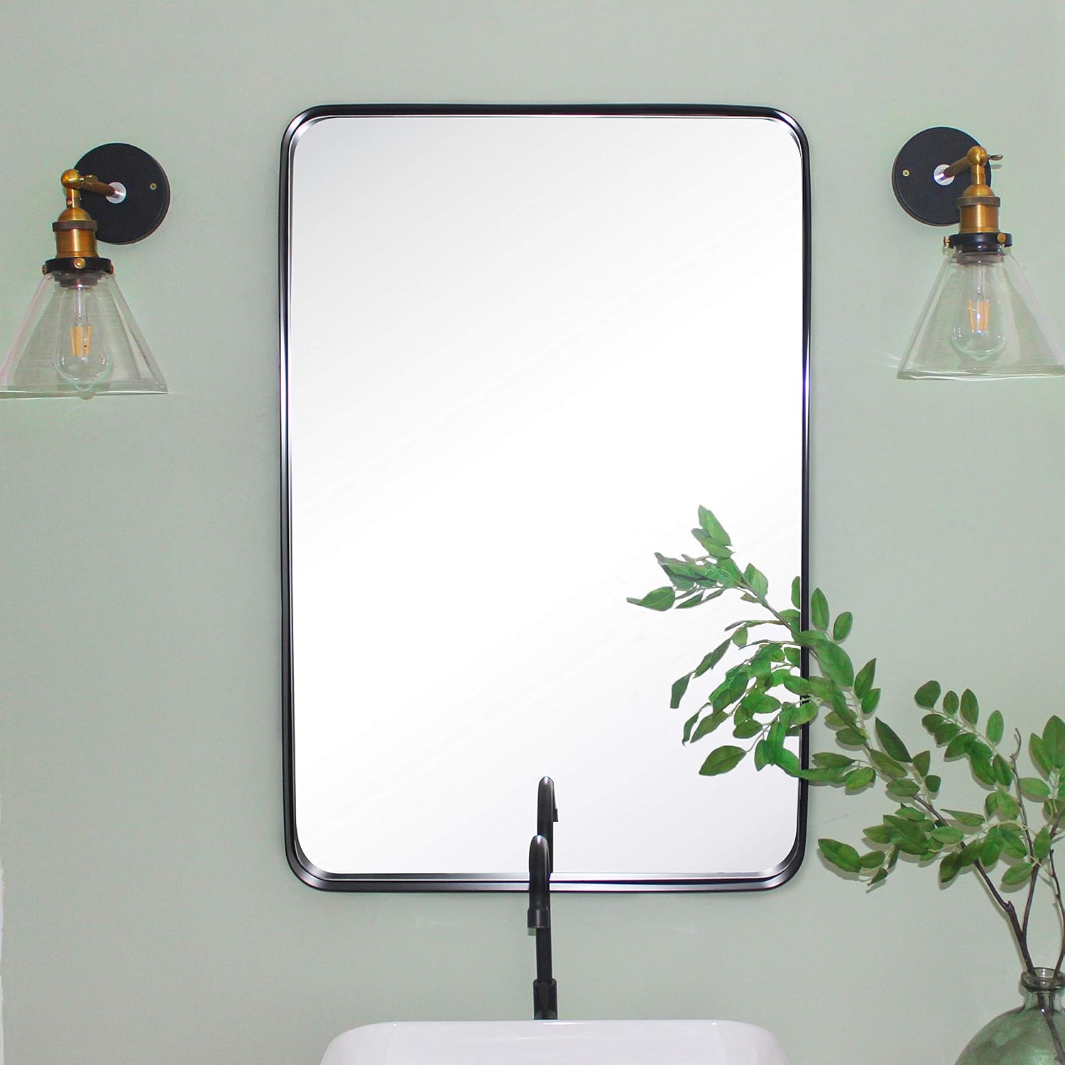TEHOME 24x36 Matt Black Metal Framed Bathroom Mirror for Wall in Stainless Steel Matte Black Rounded Rectangular Bathroom Vanity Mirrors Wall Mounted