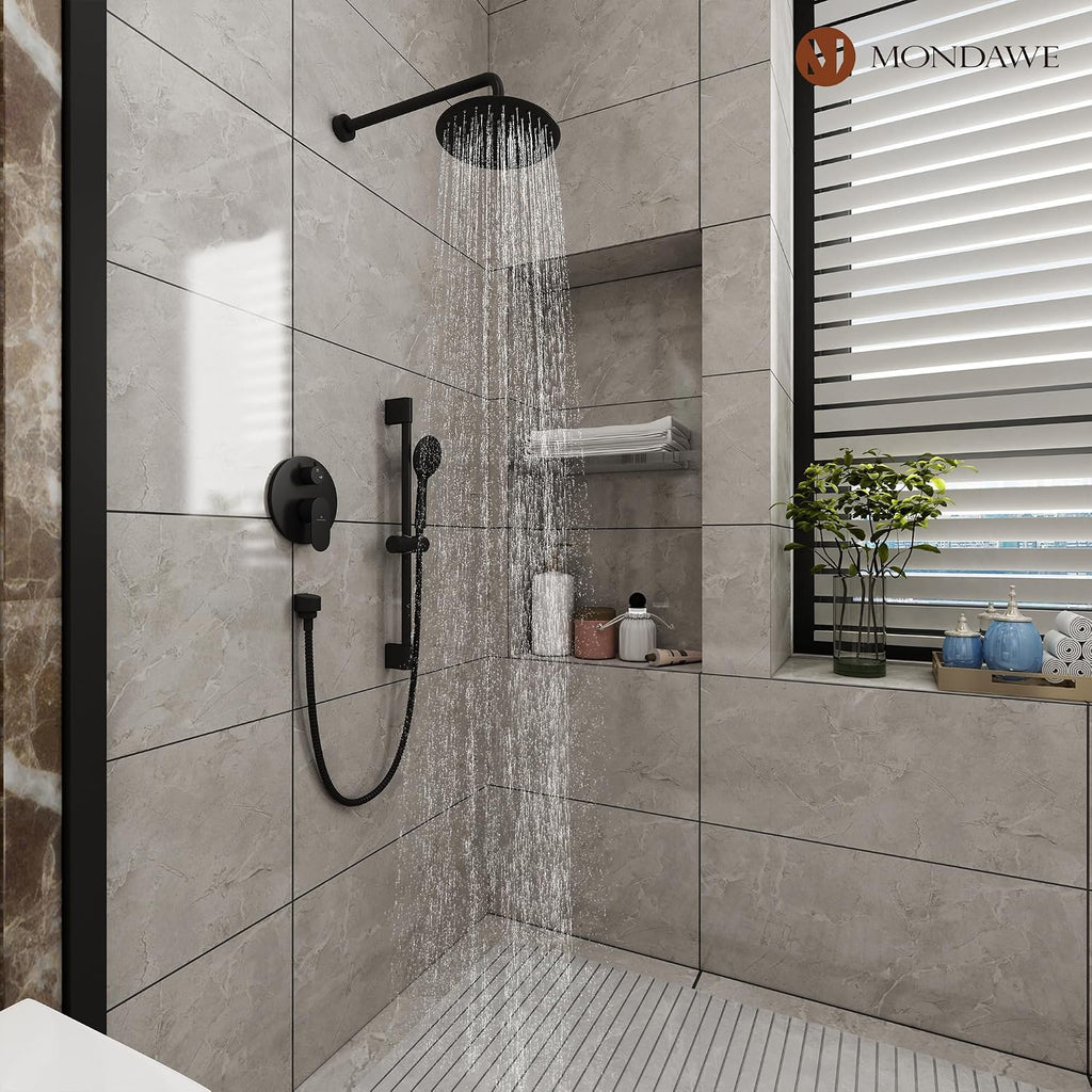 MONDAWE 9 Inch Wall Mounted Shower Faucet Set in Matte Black, Rainfall Shower Head with 3-Setting Handheld Spray Shower Set Combo, High Pressure Shower System with Solid Brass Valve