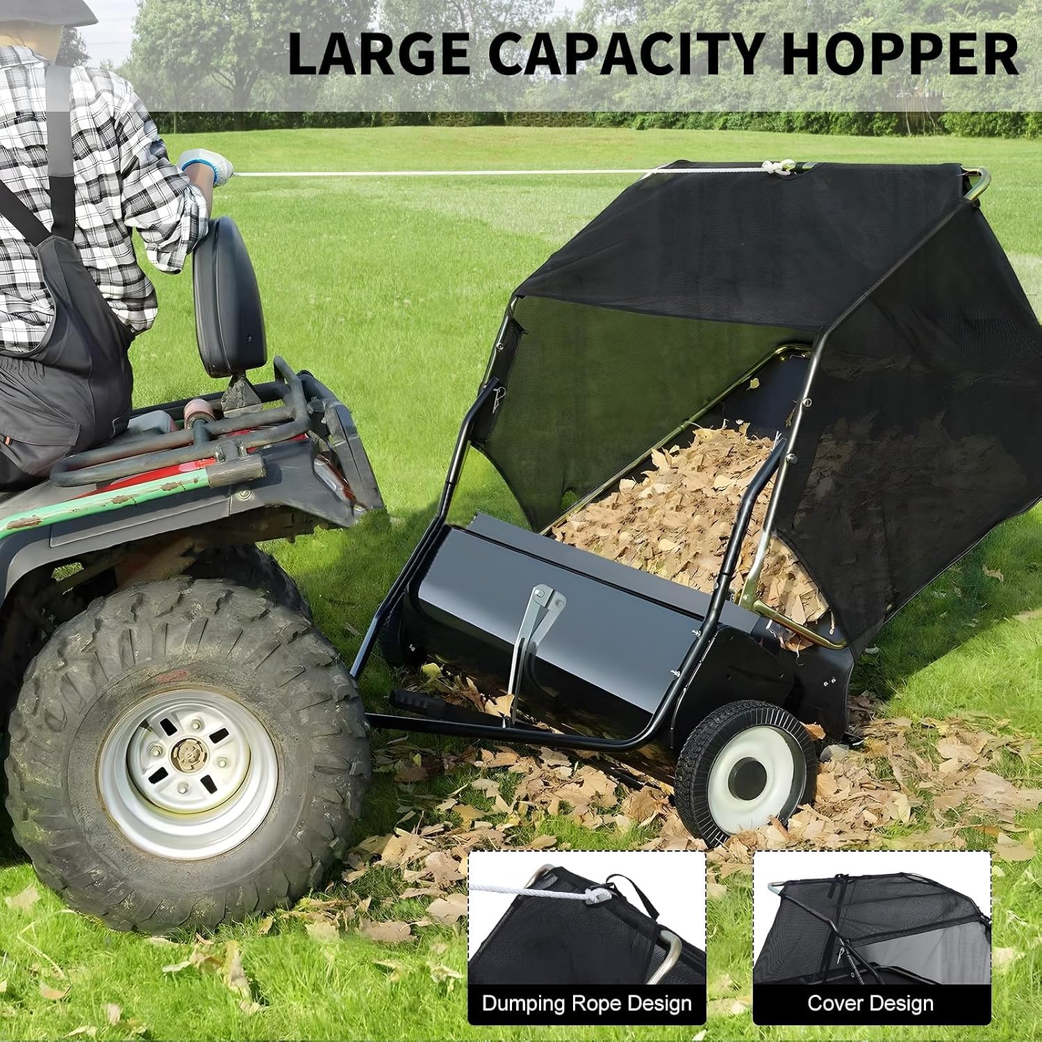 44 Inch Tow Behind Lawn Sweeper - Heavy Duty Adjustable Height Pull Behind Lawn Sweeper, 25Cu Ft Large Capacity Leaf & Grass Collector Hopper for Yard, Lawn, Farm Cleanup Tool